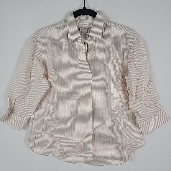 UNIQLO Women's 100% Linen Skipper Collar Shirt White Pink Stripes Popover Sz XXS - Picture 1 of 4